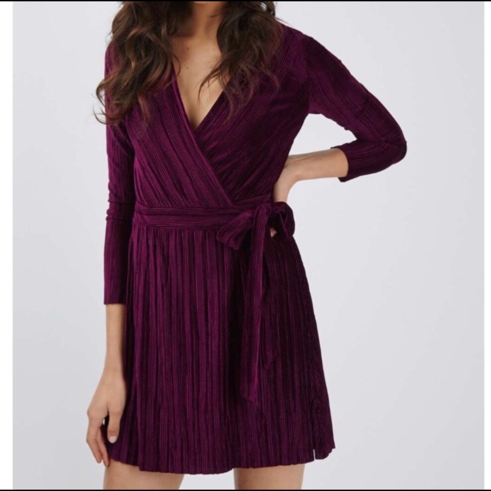 Topshop Wine Ribbed Velvet Wrap Dress